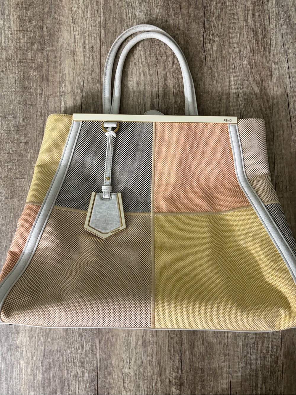 Fendi Patchwork 2Jours Canvas Tote in Pastel Yellow, Peach & Cream